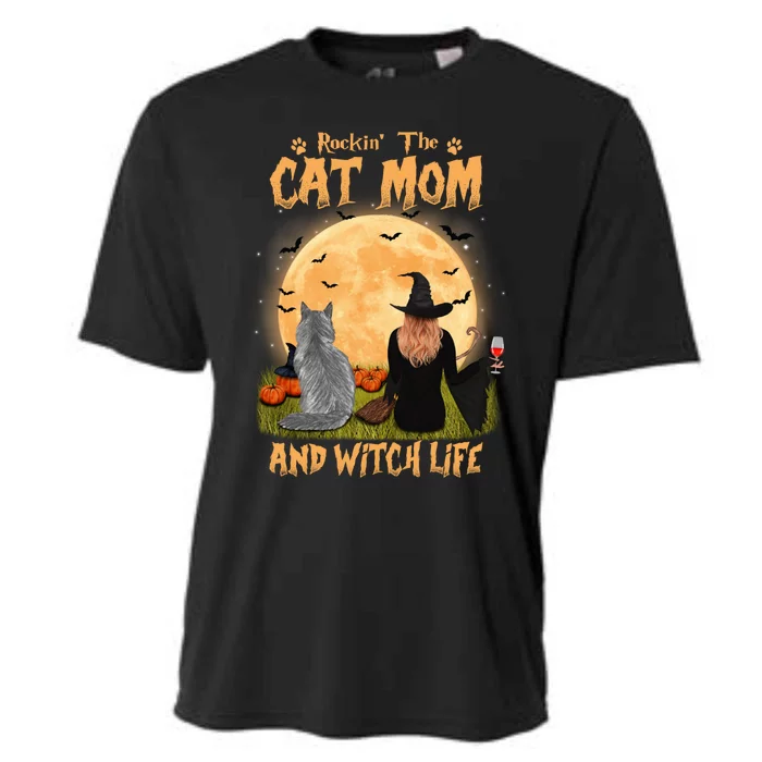 Rocking The Cat Mom And Witch Life Maine Coon Halloween Gift Cooling Performance Crew T-Shirt