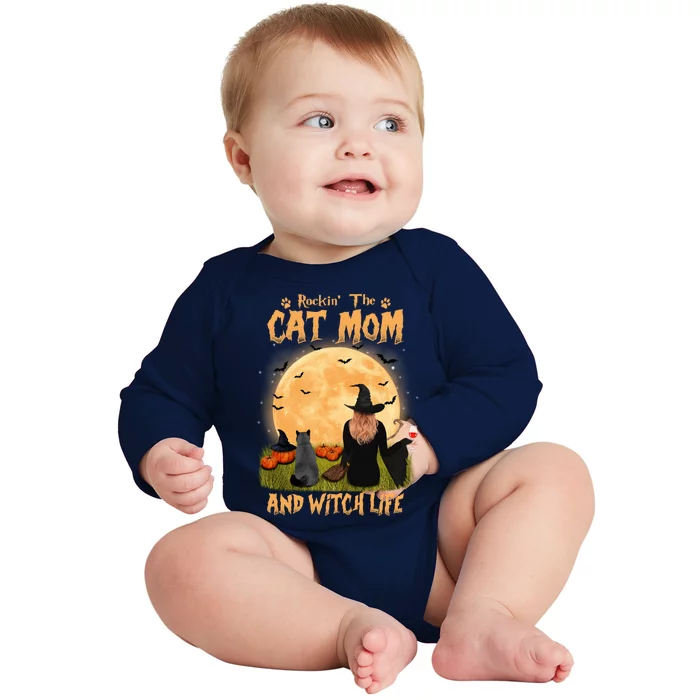 Rocking The Cat Mom Witch Life British Shorthair Halloween Cool Gift Baby Long Sleeve Bodysuit