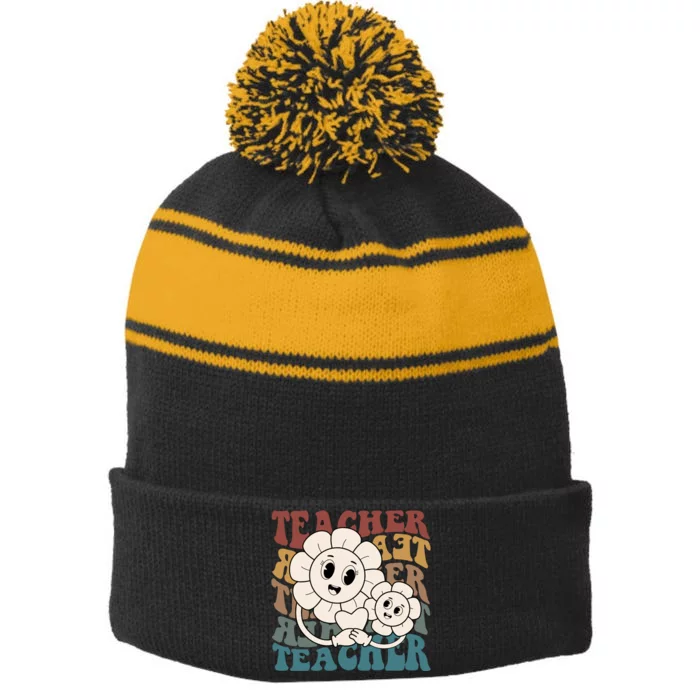 Retro Teacher Cute Gift Sunflower Heart Stripe Pom Pom Beanie