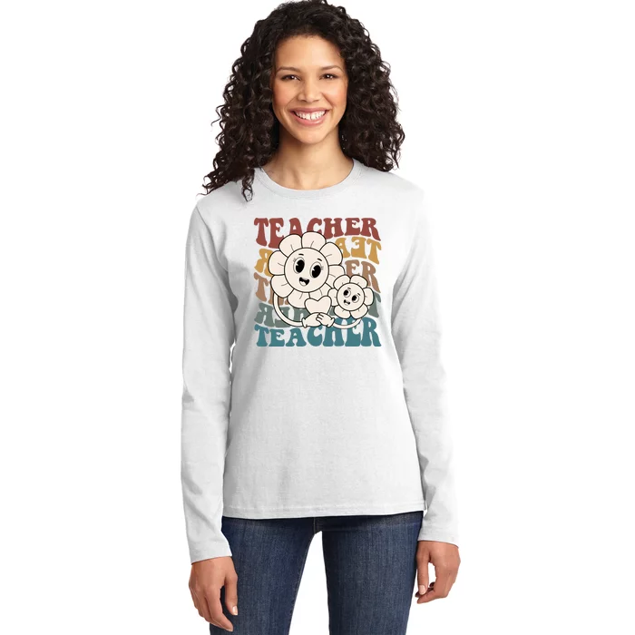 Retro Teacher Cute Gift Sunflower Heart Ladies Long Sleeve Shirt