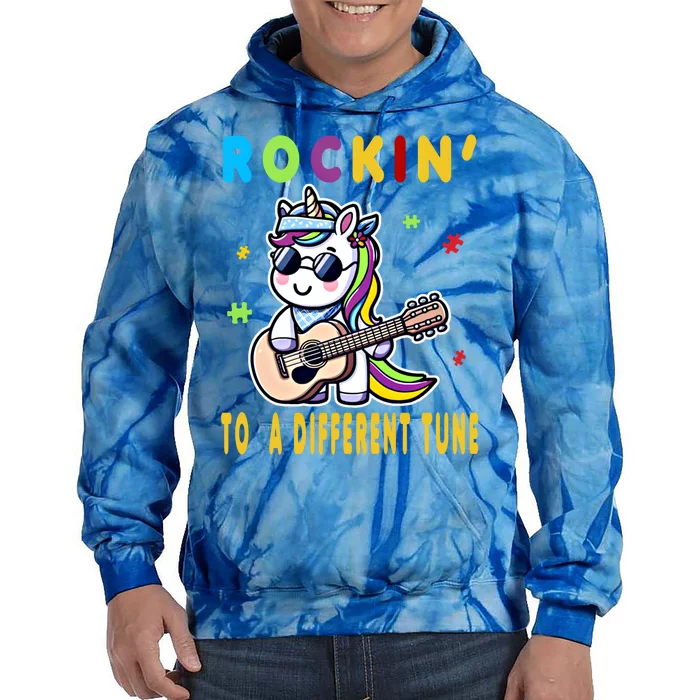 Rockin To Different Tune Guitar Autism Unicorn Gift Tie Dye Hoodie