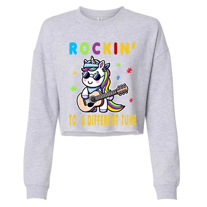 Rockin To Different Tune Guitar Autism Unicorn Gift Cropped Pullover Crew