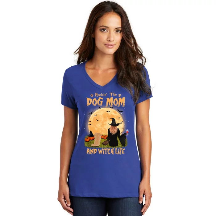 Rocking The Dog Mom And Witch Life Pekingese Halloween Funny Gift Women's V-Neck T-Shirt