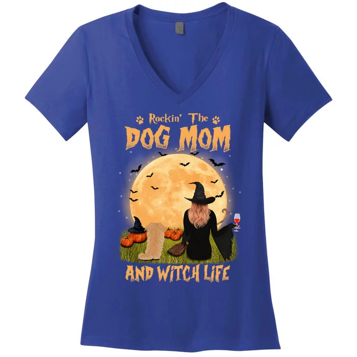 Rocking The Dog Mom And Witch Life Pekingese Halloween Funny Gift Women's V-Neck T-Shirt