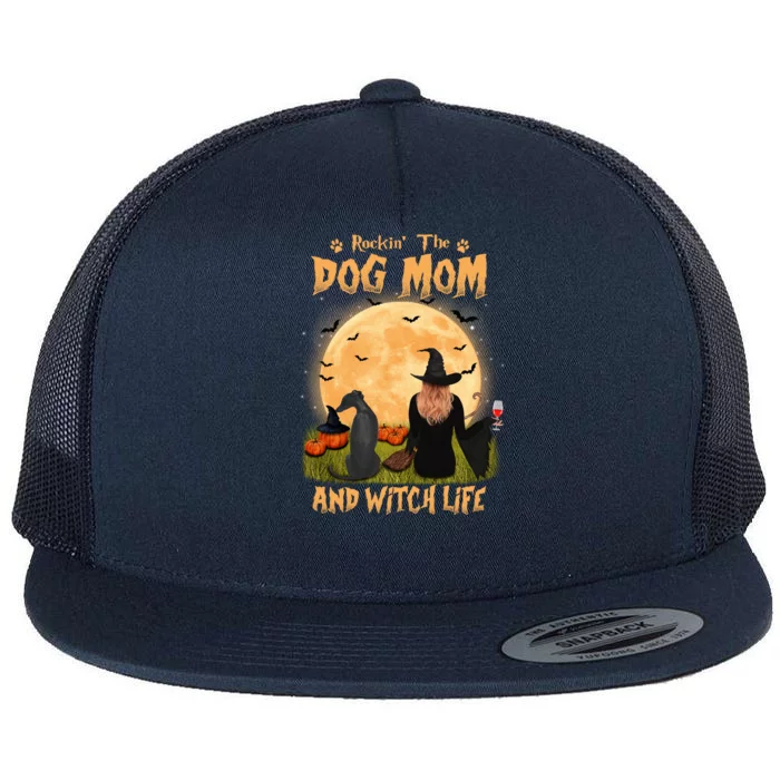 Rocking The Dog Mom And Witch Life Whippet Halloween Gift Flat Bill Trucker Hat