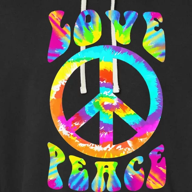 Retro Tie Dye Hippie Costume with Peace Sign and Love Garment-Dyed Fleece Hoodie