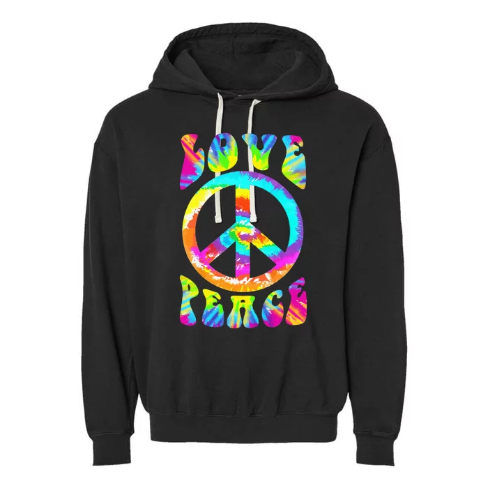 Retro Tie Dye Hippie Costume with Peace Sign and Love Garment-Dyed Fleece Hoodie