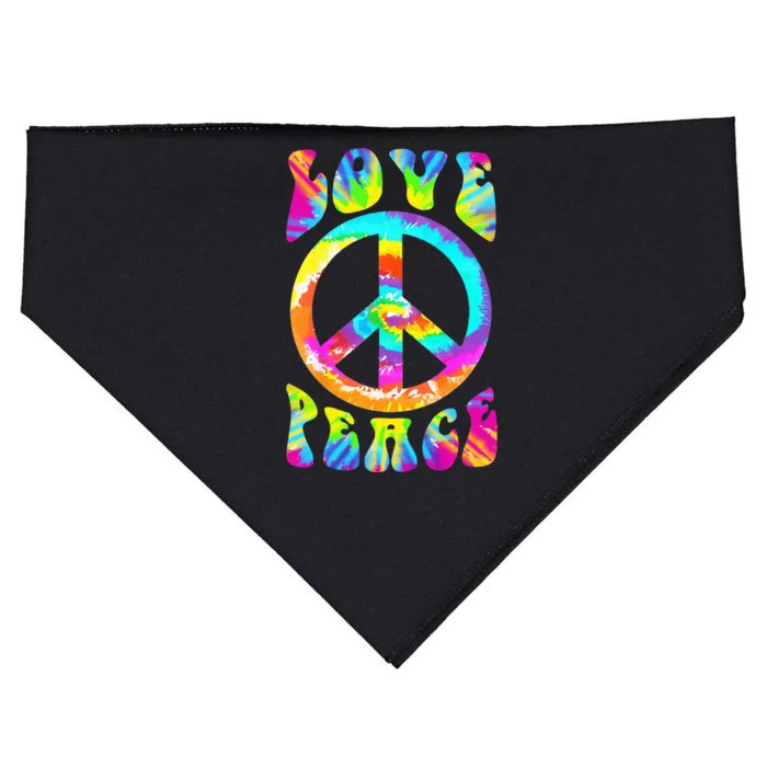 Retro Tie Dye Hippie Costume with Peace Sign and Love USA-Made Doggie Bandana