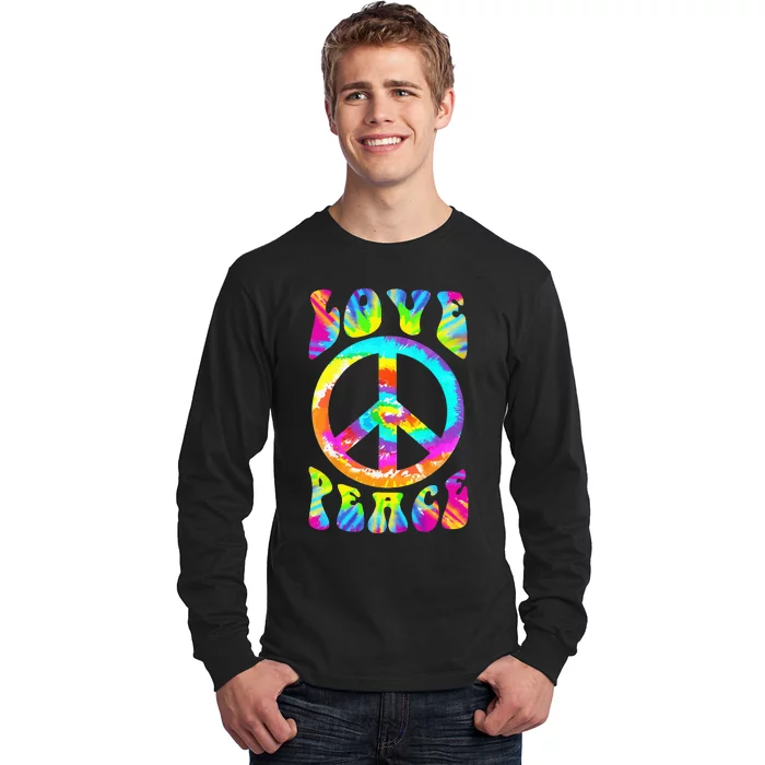 Retro Tie Dye Hippie Costume with Peace Sign and Love Long Sleeve Shirt