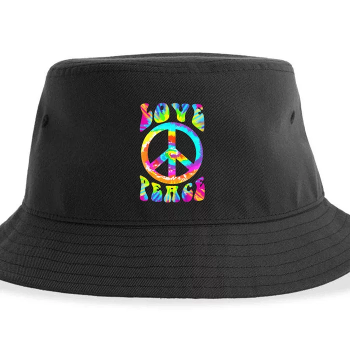 Retro Tie Dye Hippie Costume with Peace Sign and Love Sustainable Bucket Hat