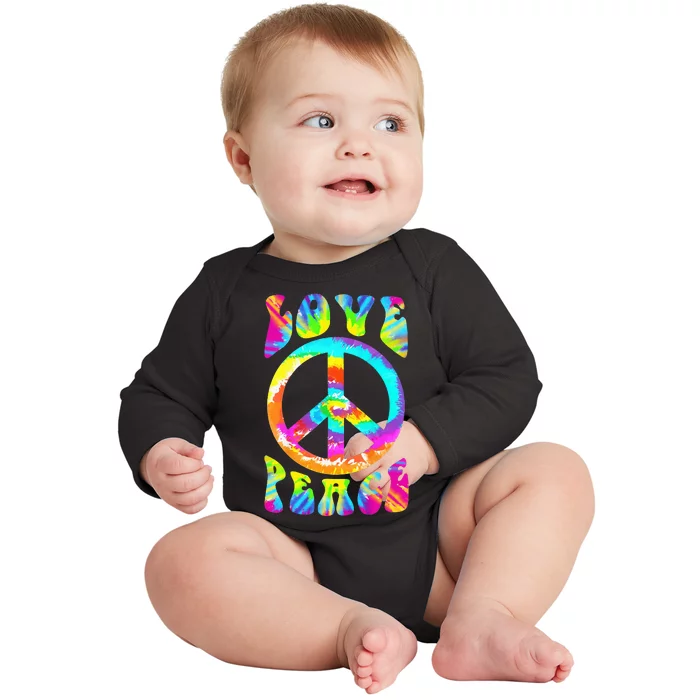 Retro Tie Dye Hippie Costume with Peace Sign and Love Baby Long Sleeve Bodysuit