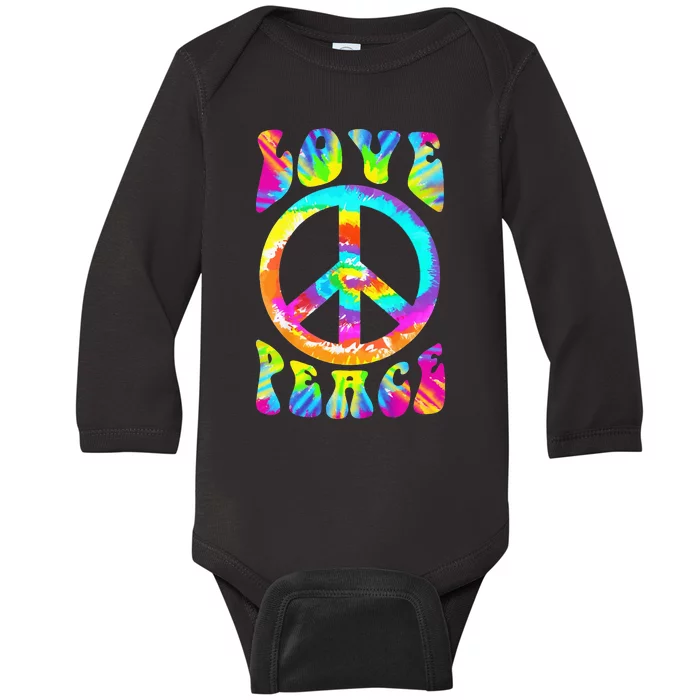 Retro Tie Dye Hippie Costume with Peace Sign and Love Baby Long Sleeve Bodysuit