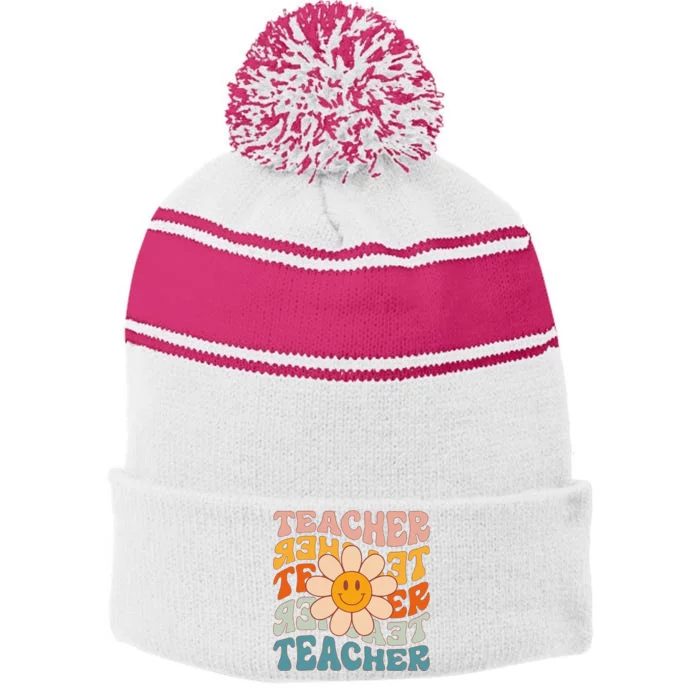 Retro Teacher Daisy Colorful Elementary School Teacher Stripe Pom Pom Beanie