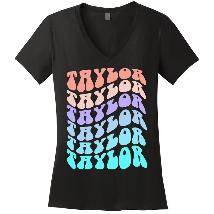 Retro TAYLOR First Name Birthday Women's V-Neck T-Shirt