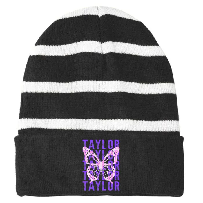 Retro Taylor First Name Personalized Groovy Striped Beanie with Solid Band