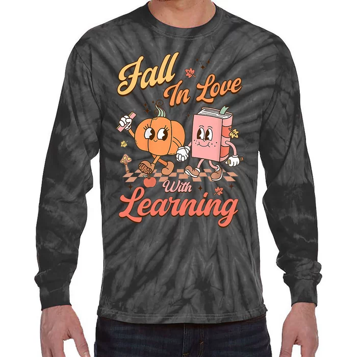 Retro Teacher Fall In Love With Learning Autumn Thanksgiving Tie-Dye Long Sleeve Shirt