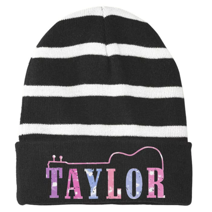 Retro Taylor First Name Personalized Groovy 80S Striped Beanie with Solid Band