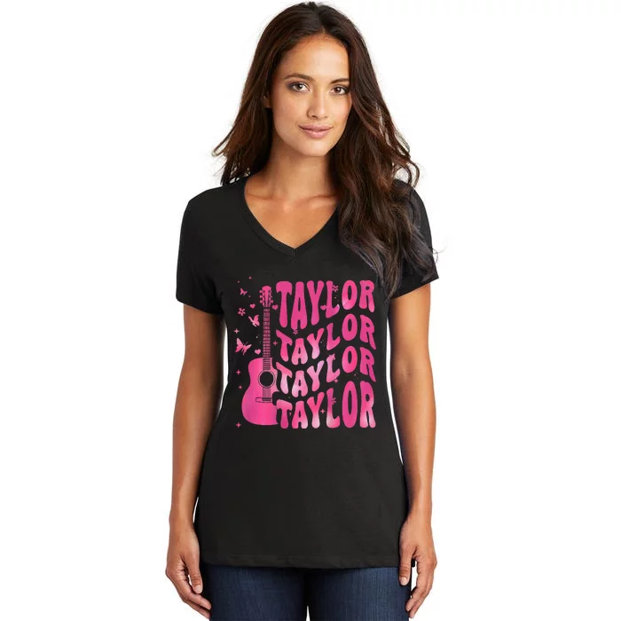 Retro Taylor First Name Personalized Groovy 80S 2 Side Women's V-Neck T-Shirt