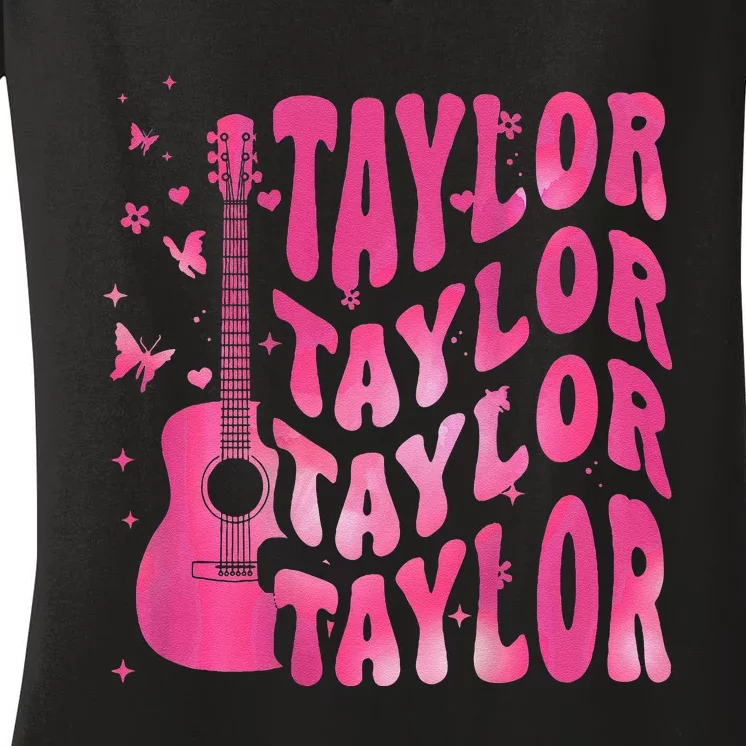 Retro Taylor First Name Personalized Groovy 80S 2 Side Women's V-Neck T-Shirt