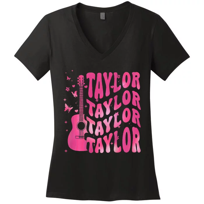 Retro Taylor First Name Personalized Groovy 80S 2 Side Women's V-Neck T-Shirt