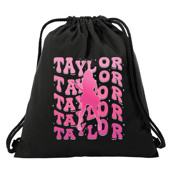 Retro Taylor First Name Personalized Groovy 80S Pin.K Drawstring Bag