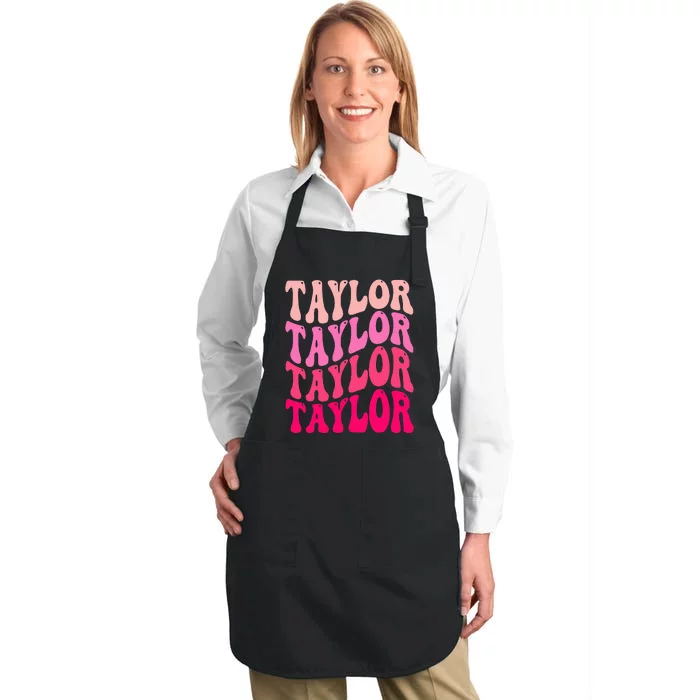 Retro T.AYLOR First Name Personalized Groovy Birthday Full-Length Apron With Pocket