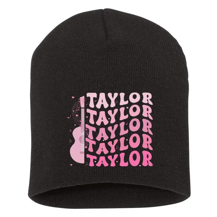 Retro Taylor First Name Personalized Groovy 80S Pin.K Short Acrylic Beanie