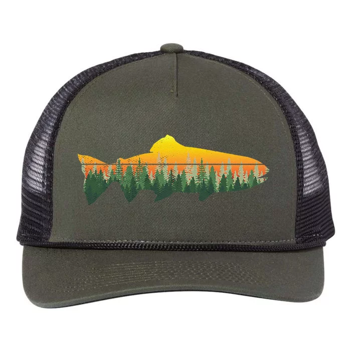 Retro Trout Fly Fishing Outdoor Nature Forest Fisherman Retro Rope Trucker Hat Cap