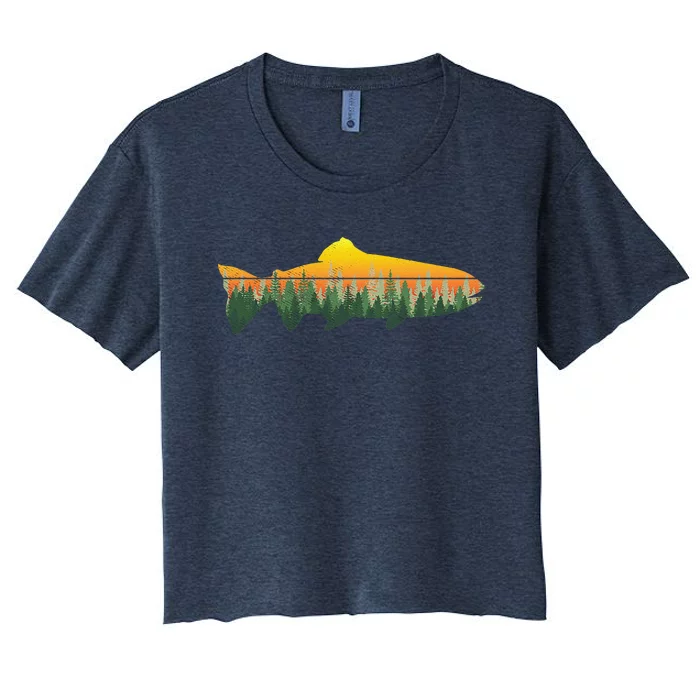 Retro Trout Fly Fishing Outdoor Nature Forest Fisherman Women's Crop Top Tee