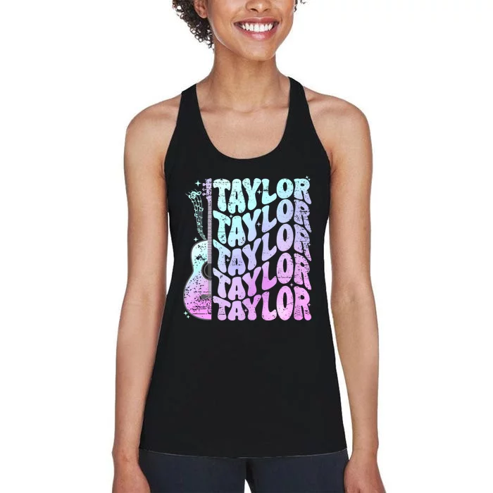 Retro Taylor First Name Personalized Groovy 80S Pink Women's Racerback Tank