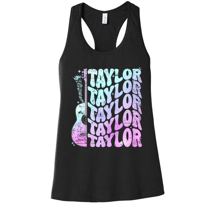 Retro Taylor First Name Personalized Groovy 80S Pink Women's Racerback Tank