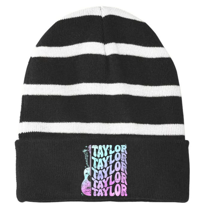 Retro Taylor First Name Personalized Groovy 80S Pink Striped Beanie with Solid Band