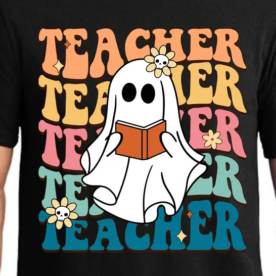 Retro Teacher Funny Ghost Reading Book Halloween Teacher Gift Pajama Set