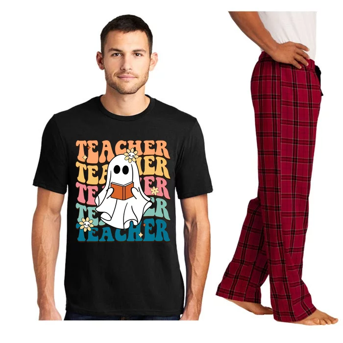 Retro Teacher Funny Ghost Reading Book Halloween Teacher Gift Pajama Set