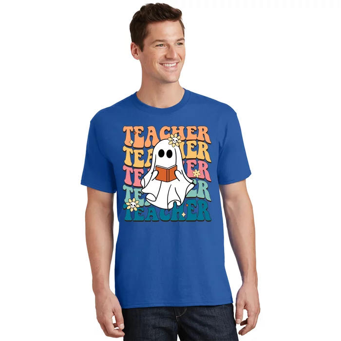 Retro Teacher Funny Ghost Reading Book Halloween Teacher Gift T-Shirt