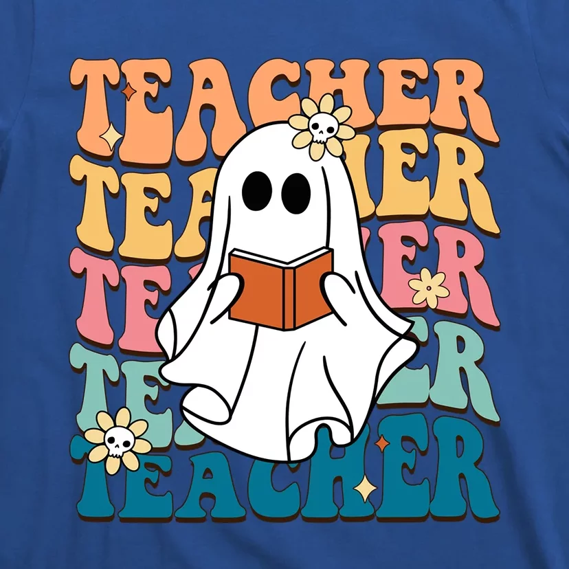 Retro Teacher Funny Ghost Reading Book Halloween Teacher Gift T-Shirt