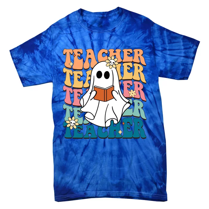 Retro Teacher Funny Ghost Reading Book Halloween Teacher Gift Tie-Dye T-Shirt