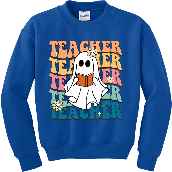 Retro Teacher Funny Ghost Reading Book Halloween Teacher Gift Kids Sweatshirt