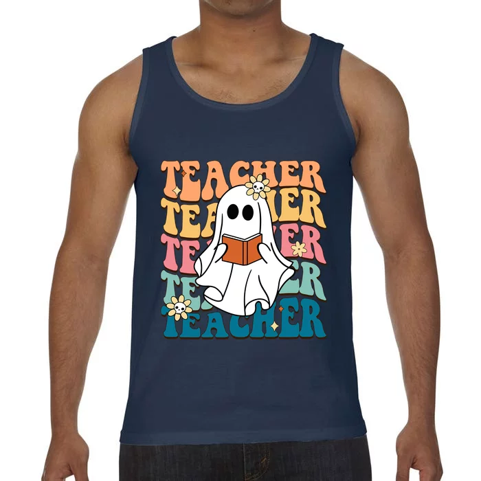 Retro Teacher Funny Ghost Reading Book Halloween Teacher Gift Comfort Colors® Tank Top