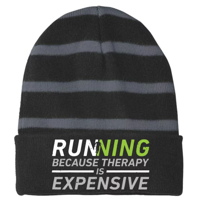 Running Therapy Funny Marathon Racer Runner Run Humor Outfit Striped Beanie with Solid Band