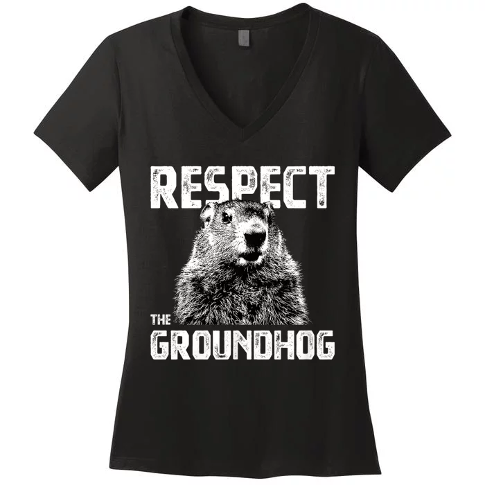 Respect The Groundhog Funny Woodchuck Women's V-Neck T-Shirt