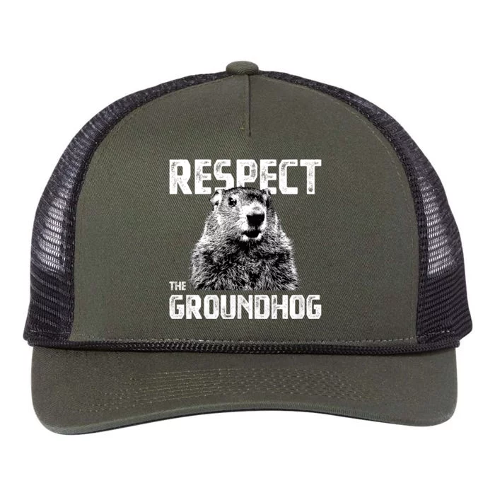 Respect The Groundhog Funny Woodchuck Retro Rope Trucker Hat Cap