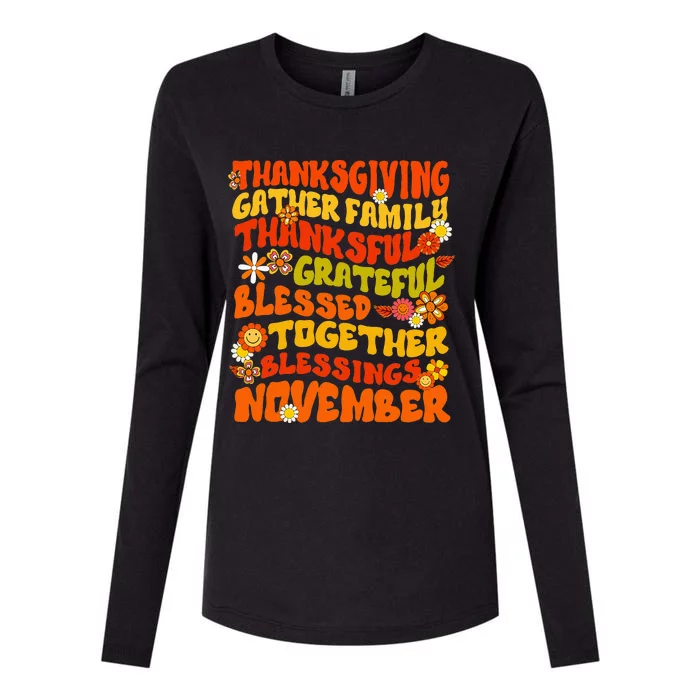 Retro Thankful Grateful Blessed Thanksgiving Fall Family Womens Cotton Relaxed Long Sleeve T-Shirt