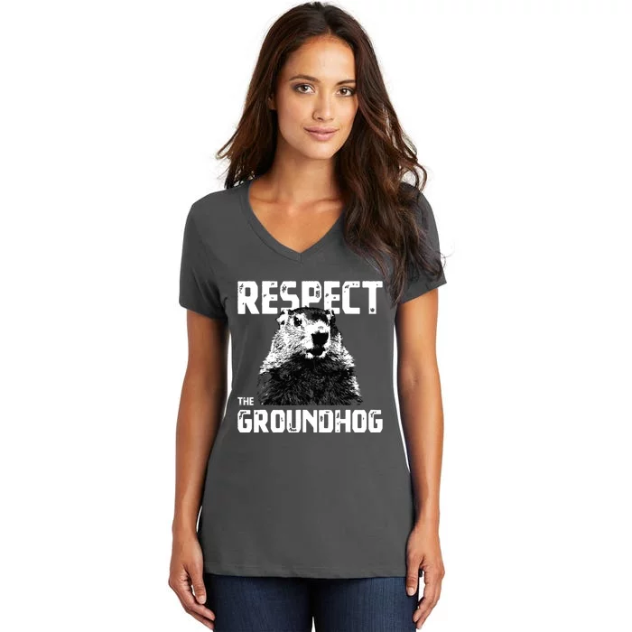 Respect The Groundhog Funny Woodchuck Women's V-Neck T-Shirt