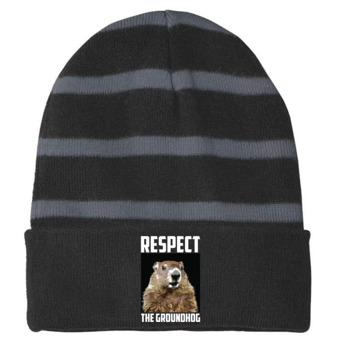 Respect The Groundhog Woodchuck Photo Groundhog Day Striped Beanie with Solid Band