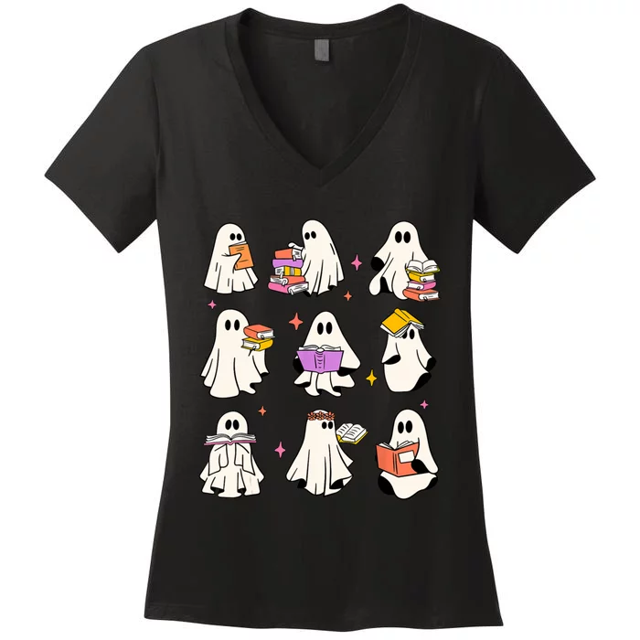 Retro Teacher Halloween Ghost Read More Books Teacher Women's V-Neck T-Shirt