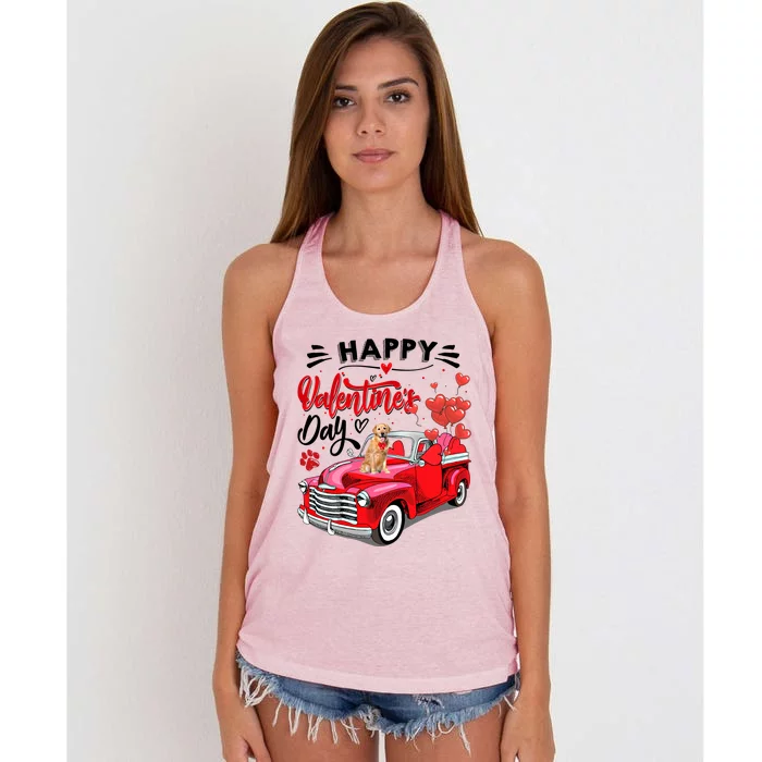 Red Truck Happy Valentines Day Golden Retriever Hearts Gift Women's Knotted Racerback Tank