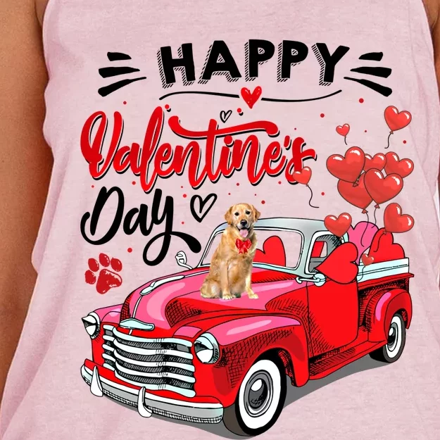 Red Truck Happy Valentines Day Golden Retriever Hearts Gift Women's Knotted Racerback Tank