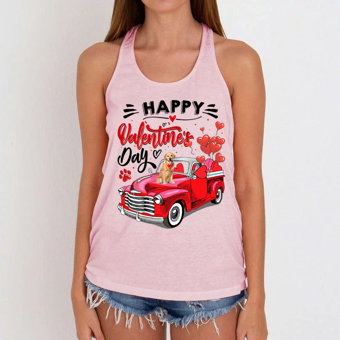 Red Truck Happy Valentines Day Golden Retriever Hearts Gift Women's Knotted Racerback Tank