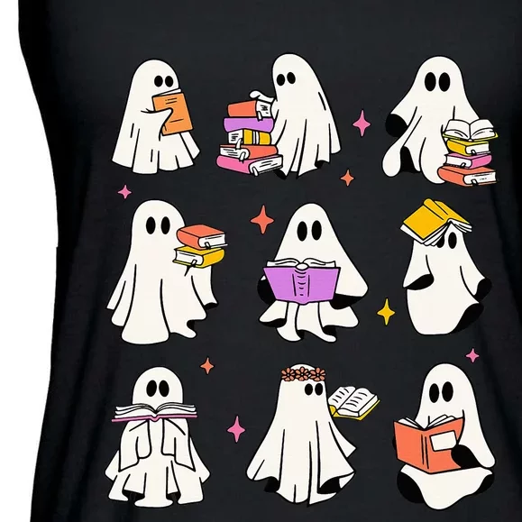 Retro Teacher Halloween Ghost Read More Books Teacher Ladies Essential Flowy Tank